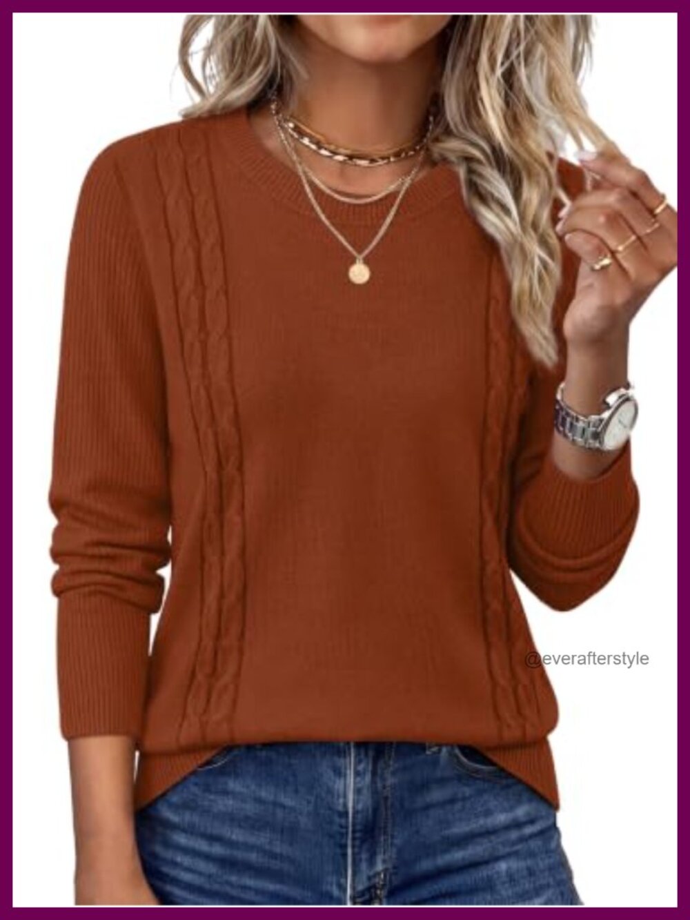 Womens Cable Knit Crewneck Long Sleeve Pullover Sweater Soft Cozy